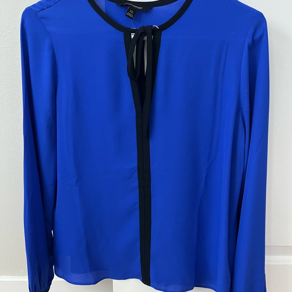 Banana Republic Cobalt Blue Long-Sleeve Tie-Neck Blouse with Black Trim